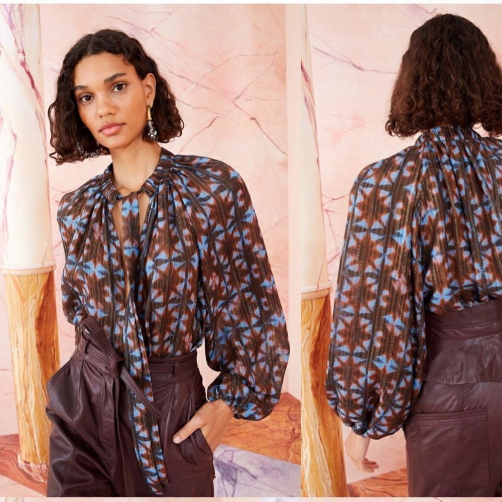 Ulla Johnson Luna Blouse Silk Lurex Peasant Style Sheer Boho Ties Sz 8
